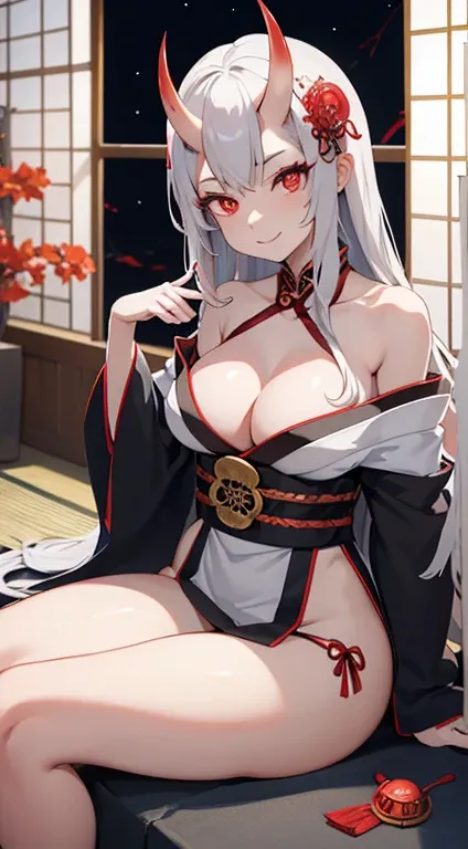 oni woman、oni horns、Gray long hair、Red eyes、A slight smil、Shoulder-baring Japanese clothing、attractive breasts and buttocks、slightly visible thighs、Flower kanzashi、glamorous pose、Sitting by the window、