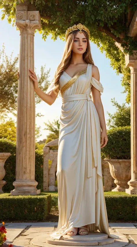 a beautiful Greek goddess, with long flowing golden hair, piercing blue eyes, and flawless porcelain skin, dressed in an elegant white toga, standing gracefully in a blooming garden. The garden is filled with vibrant flowers of various colors, such as red ...