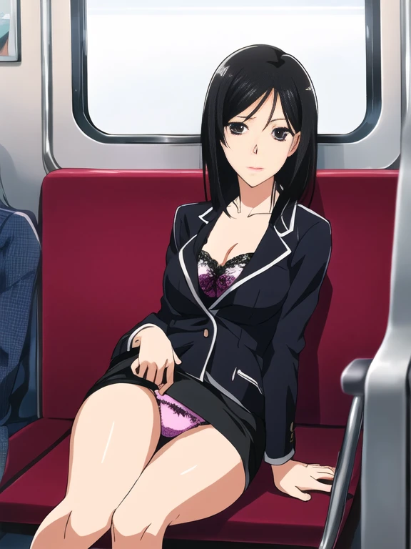 Best Quality, masutepiece, 超A high resolution, (Photorealistic: )2D official style cel animation、Recruit suit、a miniskirt、pencil skirts、タイトa miniskirt、Sitting on a train chair、lace bra、Lace panties,teats,tits out、Black hair straight、