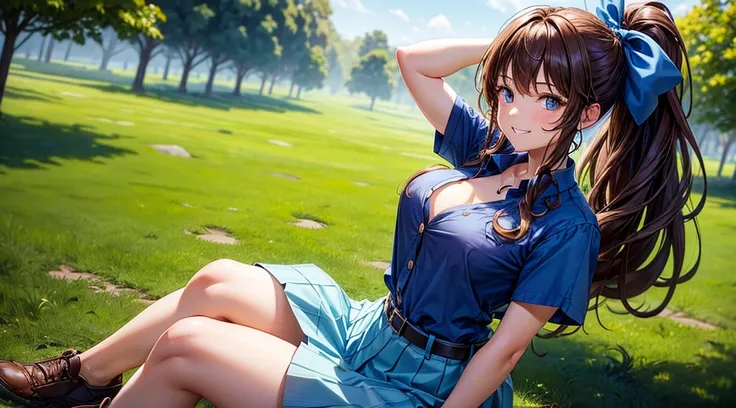 1girl, solo, full body, village, trees, brown hair, long hair, curly hair, ponytail, large breasts, button down shirt, police, ((blue shirt)), ((unbuttoned shirt)), ((short sleeved shirt)), blue eyes, skirt, grin, looking at the viewer, standng, hair ribbo...