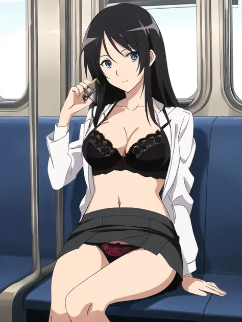 Best Quality, masutepiece, 超A high resolution, (Photorealistic: )2D official style cel animation、Recruit suit、a miniskirt、pencil skirts、タイトa miniskirt、Sitting on a train chair、lace bra、Lace panties,teats,tits out、Black hair straight、A slender、Skinny、highli...