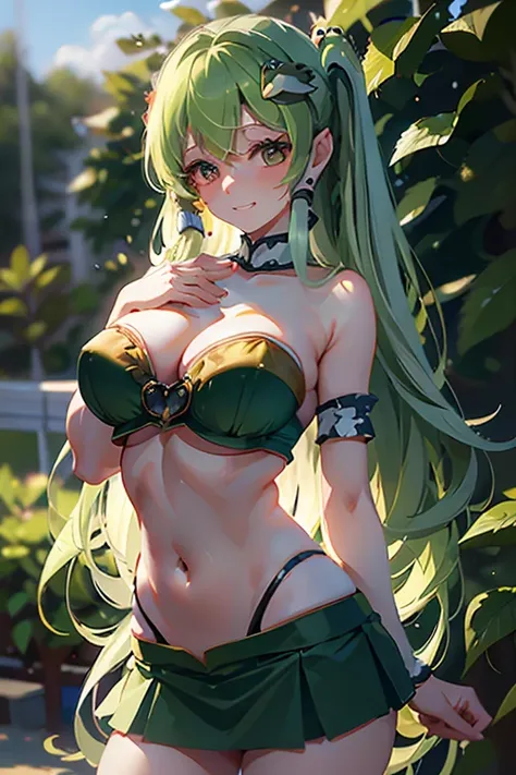 (masterpiece, best quality), best quality, (ultra-detailed), (4heads:1.4), 1girl, (kochiya sanae:1.3), masterpiece, best quality,white top, crop top, ((stomach)), midriff, ((groin)), blue skirt, normal ears, shackles, green hair, very long hair, wavy hair,...