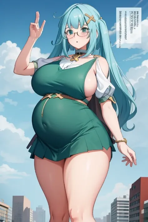 Giant maiden，Moe two-dimensional style，Pregnancy status，Round belly, Huge breasts, Thick thighs, Thicc，Gaze at the bustling city, Lying down, Glasses, Thight dress, Full body