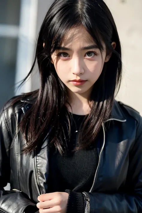 girl, black hair, black jacket, big eyes, long hair