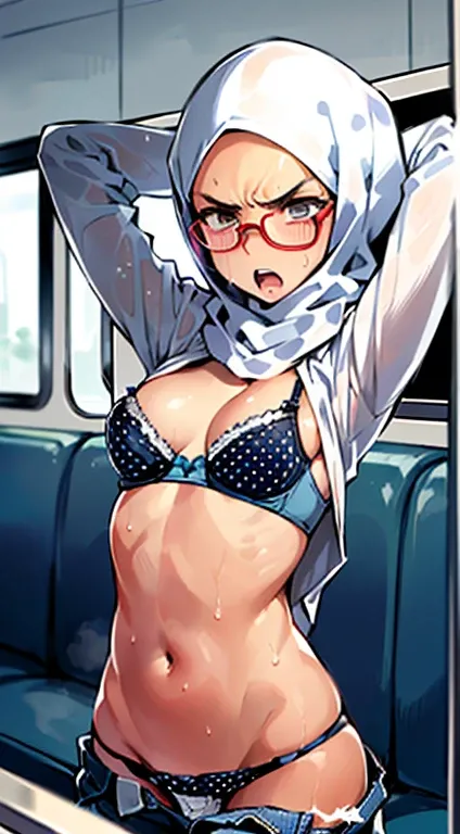 (((1woman))), (((solo woman))), Photo of a malay female with small breast (((bending over))) inside commuter train, 20yo, petite, skinny, slender body, short body, (((tanned skin))), dimples, light, detailed face, embarrassed face, ((looking disgusted)), (...