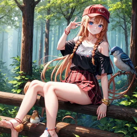 red blonde、blue eyess、Braids、one good looking girl、独奏、animesque、Plaid miniskirt、Black T-shirt、camisole、the woods、Sunlight、sitting on、Wearing a plaid baseball cap、bare-legged、small bracelet、Tilting your face、A small bird is riding on his shoulder