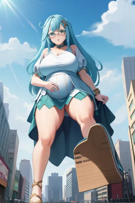 giant maiden，moe two-dimensional style，pregnancy status，round belly, huge breasts, thick thighs, thicc，gaze at the bustling city...