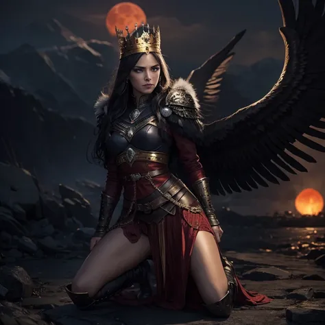 Queen Valkyrie, raven wings, viking gold crown, dark hair, sexy, dangerous, red moon in back ground, kneeling passive,  Caucasian, seductive