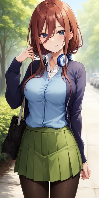 2d, masterpiece, best quality, anime, highly detailed, 1girl, solo, cowboy shot, nakano miku, brown hair, hair between eyes, blue cardigan, headphones, pantyhose, collared shirt, green skirt, miniskirt, medium breasts, standing, school, outdoors, smile