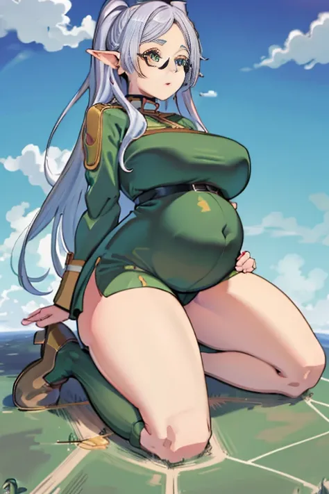 Giant maiden，Moe two-dimensional style，Pregnancy status，Round belly, Huge breasts, Thick thighs，Gaze at the bustling city, Lying down, Burp, Burping, Loud burp, Really loud burp, Glasses, Embarrassed, Full body