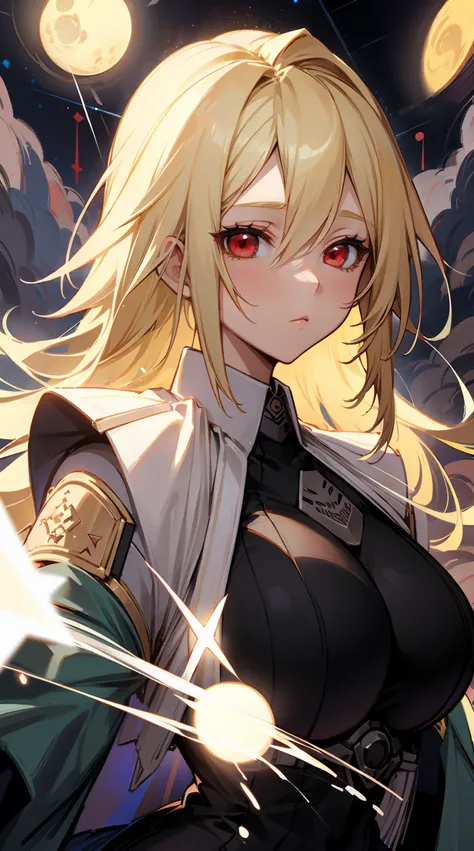 1girl、blonde hair,red eyes,(huge tits),starry night,luminous effect,best quality,masterpiece,ultra detailed