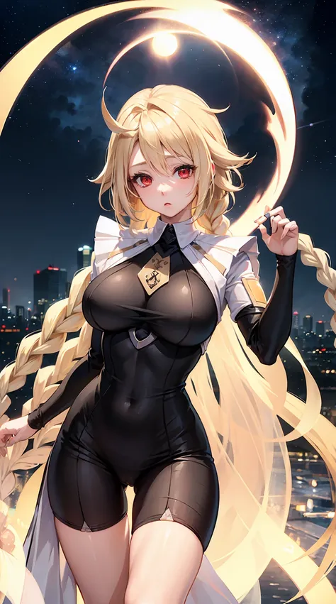 1girl、blonde hair,red eyes,single braid,(huge tits),starry night,luminous effect,best quality,masterpiece,ultra detailed