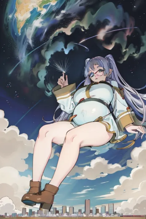 Giant maiden，Moe two-dimensional style，Pregnancy status，Round belly, Huge breasts, Thick thighs，Gaze at the bustling city, Lying down, Glasses, Full body