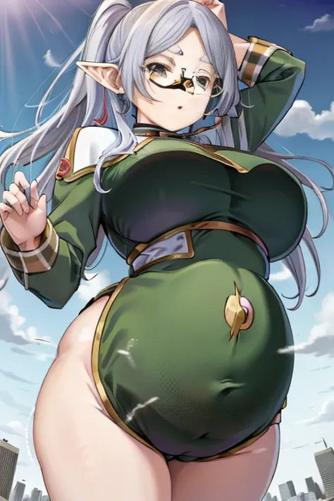 Giant maiden，Moe two-dimensional style，Pregnancy status，Round belly, Huge breasts, Thick thighs，Gaze at the bustling city, Lying down, Glasses, Full body