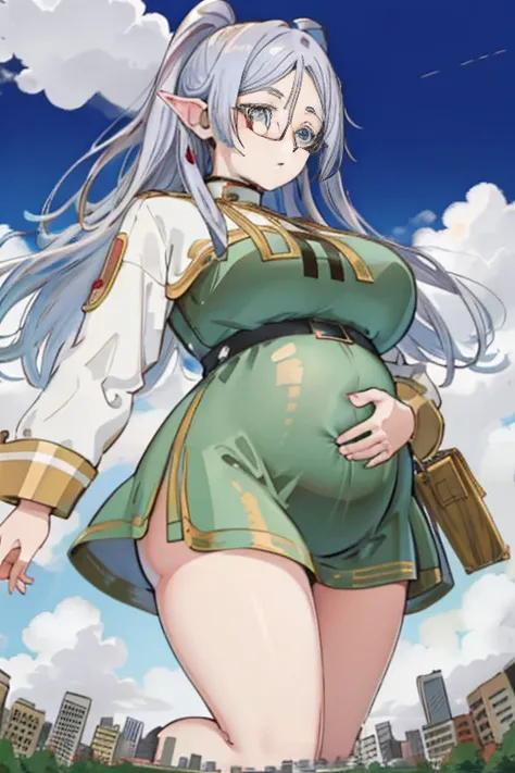 Giant maiden，Moe two-dimensional style，Pregnancy status，Round belly, Huge breasts, Thick thighs，Gaze at the bustling city, Lying down, Glasses, Full body