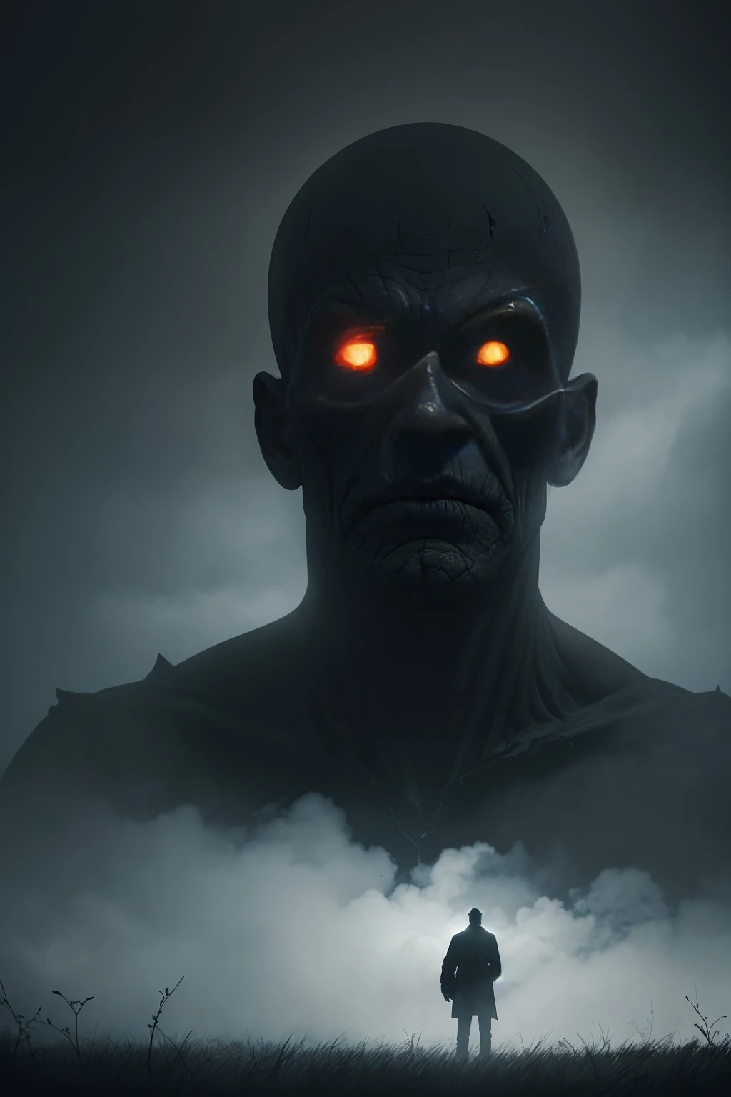 Generate an eerie and suspenseful AI artwork featuring a colossal, ominous entity looming behind a lone man. Picture the man in a tense stance, unaware of the menacing presence lurking in the shadows. Craft the mysterious entity with unsettling details, bl...