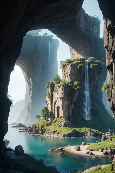 Generate a captivating AI artwork featuring a mystical island perched atop a colossal stone structure. Envision the island as an enchanting oasis with lush vegetation, vibrant flora, and cascading waterfalls, all situated on the summit of a massive stone p...