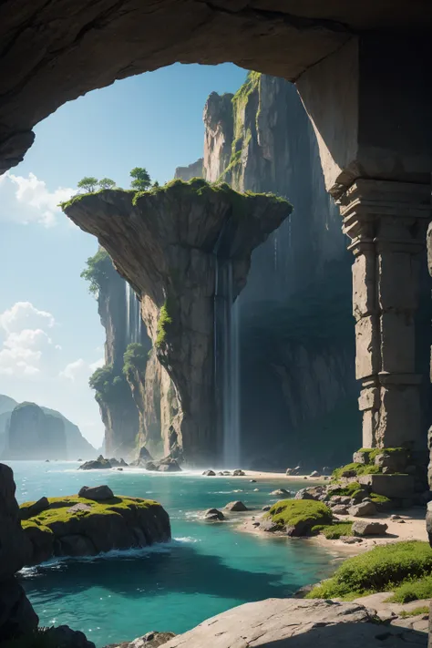 Generate a captivating AI artwork featuring a mystical island perched atop a colossal stone structure. Envision the island as an enchanting oasis with lush vegetation, vibrant flora, and cascading waterfalls, all situated on the summit of a massive stone p...