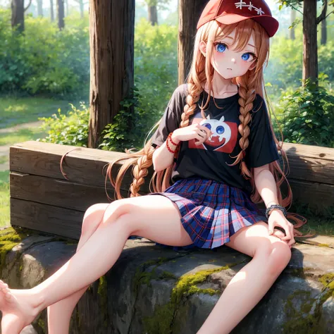 red blonde、blue eyess、Braids、one good looking girl、独奏、animesque、Plaid miniskirt、Black T-shirt、camisole、the woods、Sunlight、sitting on、Wearing a plaid baseball cap、bare-legged、small bracelet、Tilting your face