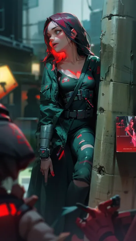 Beautiful girl small breasts, wearing rugged jacket, long hair, machine arms in cyberpunk night scene, cyberpunk red green backdrop