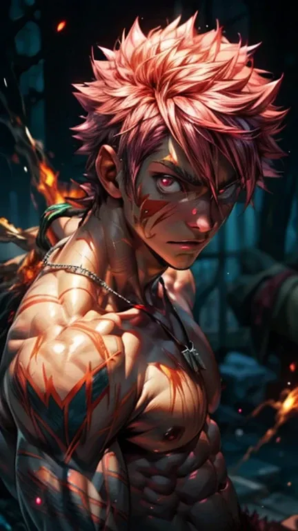 ((upper body)) masterpiece, best quality red eyes, game cg, 2boys adult men, (naked:1.2) rugged adult face, duo, male focus, looking at viewer, upper body, Natsu Dragneel natsu_dragneel, pink hair, red eyes, (shirtless naked), toned muscle, pectorals, 8 ab...