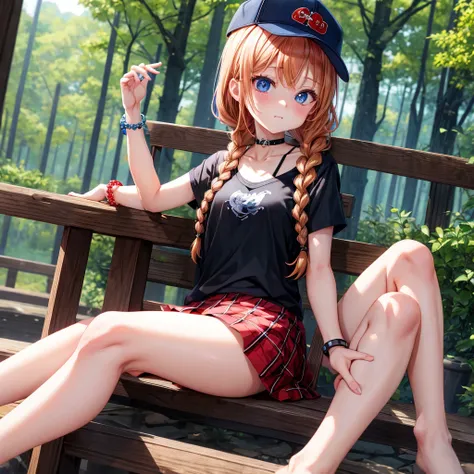 red blonde、blue eyess、Braids、one good looking girl、独奏、animesque、Plaid miniskirt、Black T-shirt、camisole、the woods、Sunlight、sitting on、Wearing a plaid baseball cap、bare-legged、small bracelet、Tilting your face、With a cheek cane