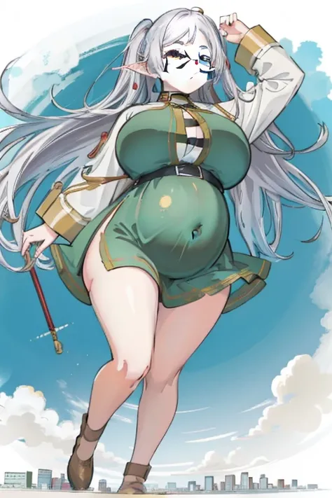 (Masterpiece) Giant maiden，Moe two-dimensional style，Pregnancy status，Round belly, Huge breasts, Thick thighs，Gaze at the bustling city, Lying down, Glasses, Full body