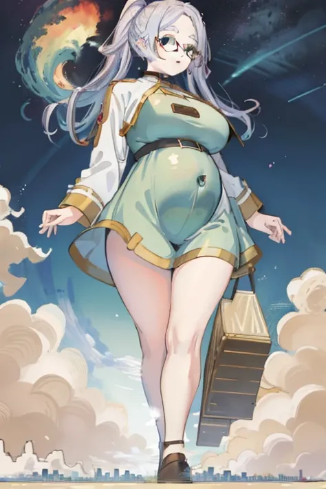 (Masterpiece) Giant maiden，Moe two-dimensional style，Pregnancy status，Round belly, Huge breasts, Thick thighs，Gaze at the bustling city, Lying down, Glasses, Full body