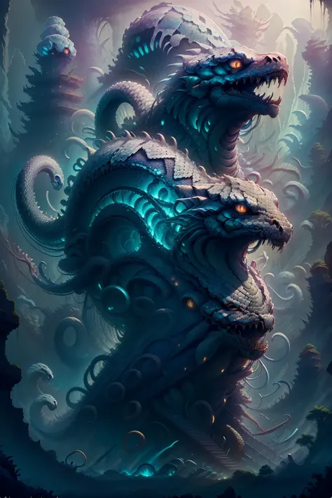 Generate a visually striking AI artwork featuring a colossal and majestic white serpent coiled in a dynamic pose. Envision the giant snake with intricate details, from the glistening scales to the elegant curves of its massive body. Picture the serpent aga...