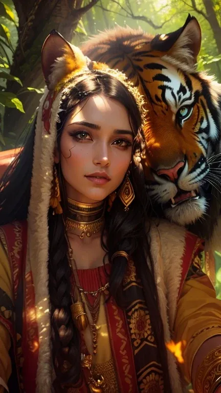 (best quality,highres:1.2),beautiful detailed eyes,beautiful detailed lips,gorgeous face with tribal makeup,turbaned hairstyle,(vibrant-colored,exotic) tribal outfit,adorned with feathers and beads,confident stance,riding on the back of a majestic and powe...