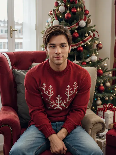 a handsome Caucasian man with very short brown hair and brown eyes dressed in jeans and a red Christmas sweater, sitting in an armchair, in a living room with a Christmas tree and Christmas decorations