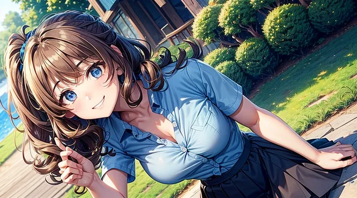 1girl, solo, full body, village, trees, brown hair, long hair, curly hair, ponytail, large breasts, button down shirt, police, ((blue shirt)), ((unbuttoned shirt)), ((short sleeved shirt)), blue eyes, skirt, grin, looking at the viewer, standng, hair ribbo...