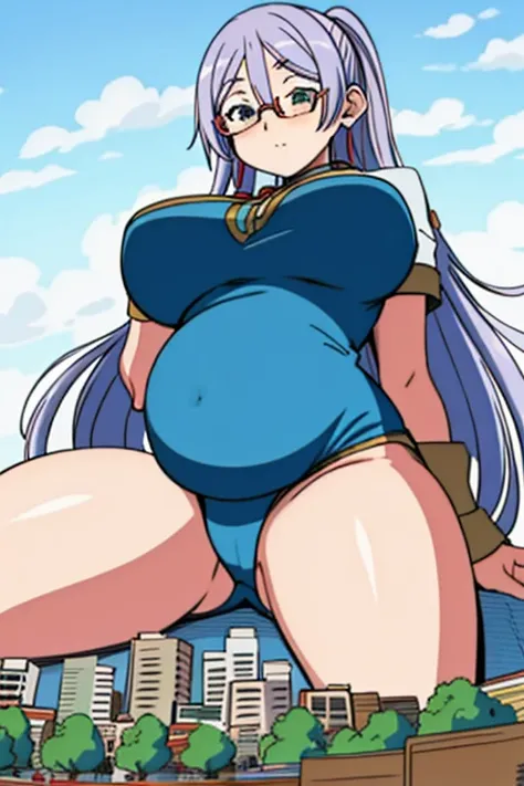 (Masterpiece) Giant maiden，Moe two-dimensional style，Pregnancy status，Round belly, Huge breasts, Thick thighs，Gaze at the bustling city, Lying down, Glasses, Full body