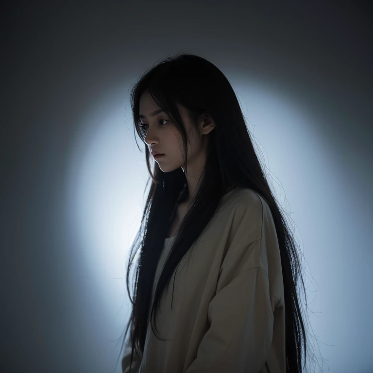 long hair, low-tied long hair, baggy clothes, eyeball, sharp eyes, beautiful, Surrealism, Surrealism, Contemporary art, Realism, image fill, silhouette, chiaroscuro, first-person view, f/1.8, UHD, masterpiece, 16k, 8k