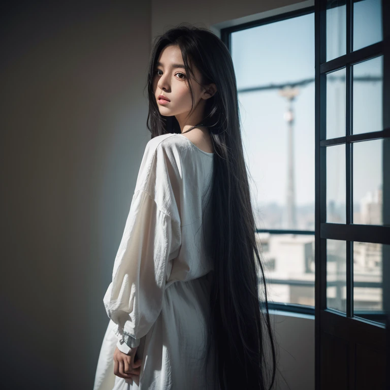 long hair, low-tied long hair, baggy clothes, eyeball, sharp eyes, beautiful, Surrealism, Surrealism, Contemporary art, Realism, first-person view, f/1.8, UHD, masterpiece, 16k, 8k, looking back