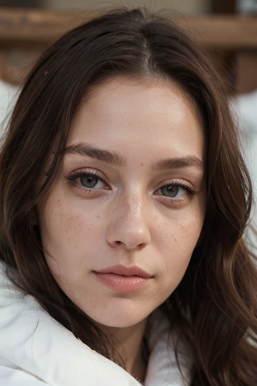 ((best quality)), ((masterpiece)), (detailed), perfect face realistic photo of beautiful woman with long dark brown hair, Russian, influencer, light freckles, dark brown eyes, big lips, no makeup, instagram, in st moritz, wearing cozy winter outfit by Zara