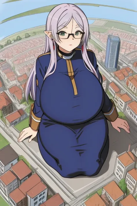 (Masterpiece) Giant maiden，Moe two-dimensional style，Pregnancy status，Round belly, Huge breasts, Thick thighs，Gaze at the bustling city, Lying down, Glasses, Full body