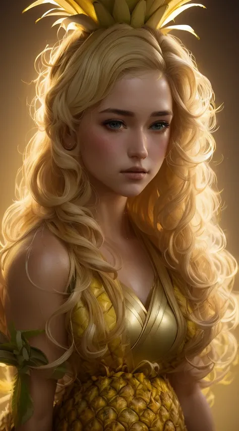 a girl with curly yellow hair (in a pineapple costume), dim lights, lots of details, close-up, over-detailed, Greg Rutkowski style