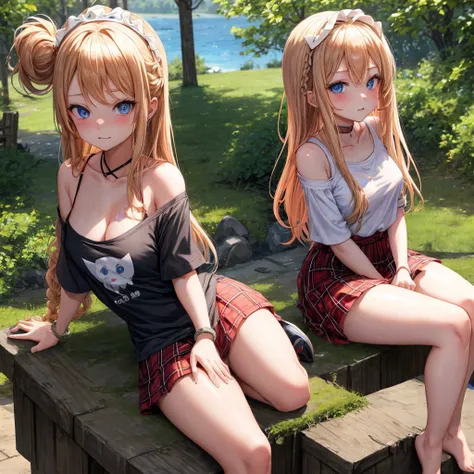 red blonde、blue eyess、Braids、one good looking girl、独奏、animesque、Plaid miniskirt、Black T-shirt、camisole、the woods、Sunlight、sitting on、Wearing a plaid baseball cap、bare-legged、small bracelet、Tilting your face、With a cheek cane