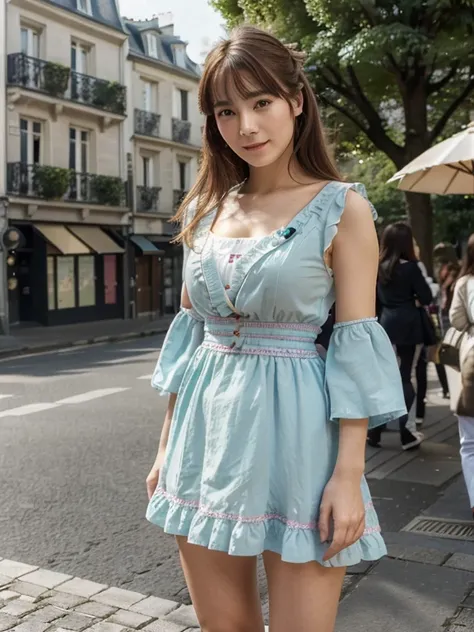 (Best quality,high resolucion,Ultra-detailed:1.2), Hdr, Couleurs vives, Belle fille japonaise 20 ans, Paris, Lively atmosphere, Architecture charmante, Vue imprenable, sunny weather, stylish dress, Expression joyeuse, cheveux longs et fluides