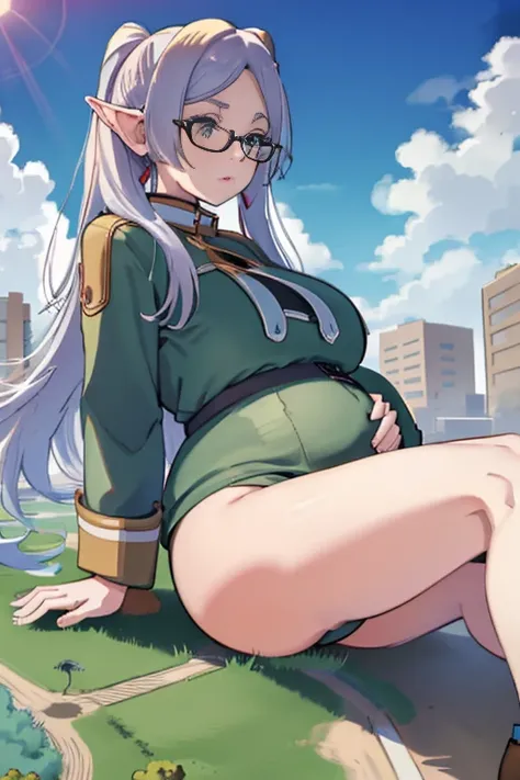 (Masterpiece) Giant maiden，Moe two-dimensional style，Pregnancy status，Round belly, Huge breasts, Thick thighs，Gaze at the bustling city, Lying down, Glasses, Full body