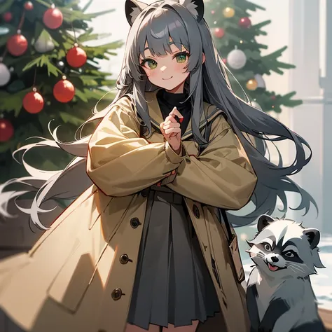 gray half-up long hair,No bangs,gray raccoon ears,In front of the Christmas tree on a snowy day,closed gray coat,Beige school uniform skirt,green big eyes smiling girl,