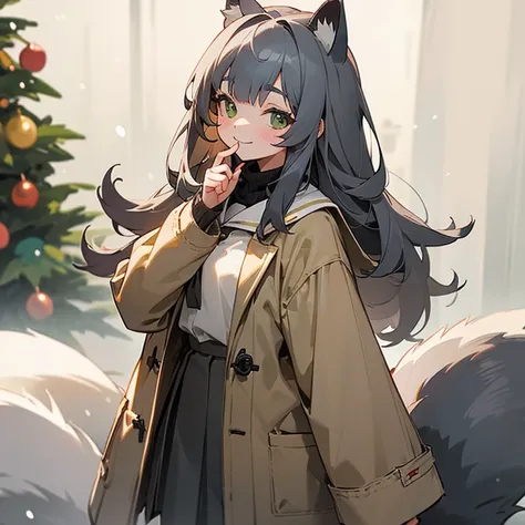 gray half-up long hair,No bangs,gray raccoon ears,In front of the Christmas tree on a snowy day,closed gray coat,Beige school uniform skirt,green big eyes smiling girl,