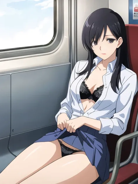 Best Quality, masutepiece, 超A high resolution, (Photorealistic: )2D official style cel animation、Recruit suit、a miniskirt、pencil skirts、タイトa miniskirt、Open the front of the light blue dress shirt、Sitting on a train chair、Lace Bra、Lace panties,teats,tits ou...