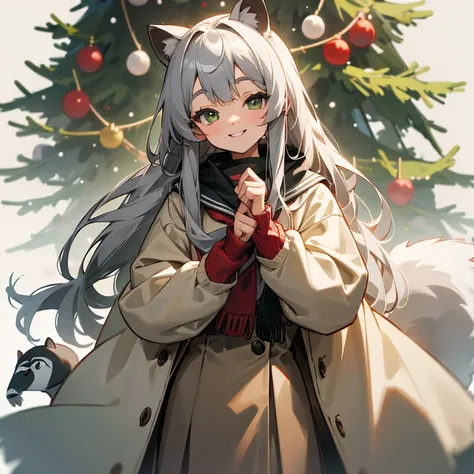 grey long hair,Half-bundled,No bangs,gray raccoon ears,In front of the Christmas tree on a snowy day,closed gray coat,Beige school uniform skirt,green big eyes smiling girl,