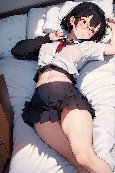 A school girl wearing glasses is sleeping on the bed , show off nipples under white shirt, pleated mini skirt, bob hair, show white panties, plump body, open both legs