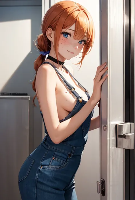 Tomboy girl, blue eyes, orange hair, blushing, small breasts, undressing, puffy nipples with erect tips, bare perky breasts, taking off overalls, no undershirt, long braided ponytail, large white bow at base of ponytail, bare arms, no bangs, bangs pulled b...