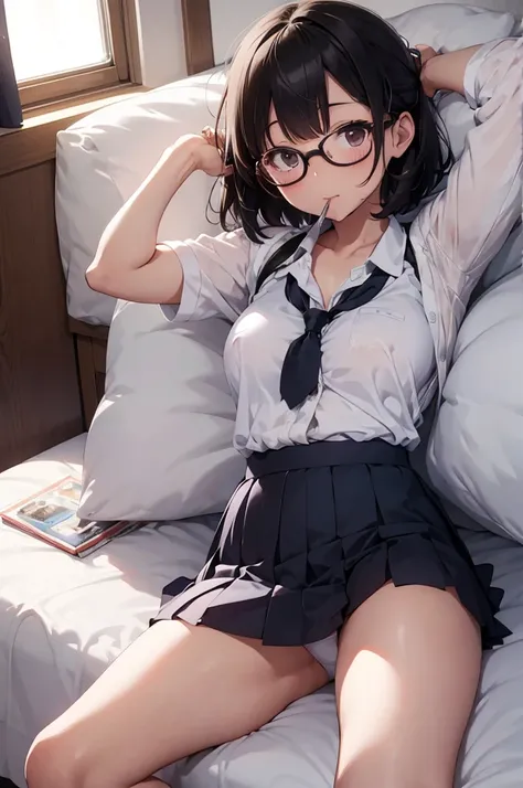 A school girl wearing glasses is sleeping on the bed , show off nipples under white shirt, pleated mini skirt, bob hair, show white panties, plump body, open both legs, mouth half open