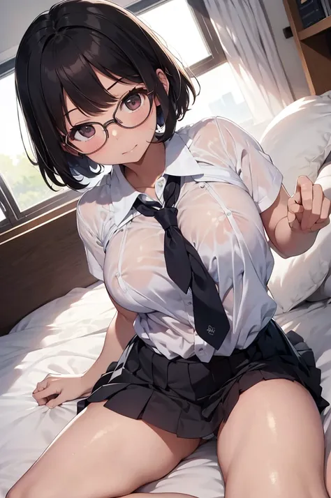 A school girl wearing glasses is sleeping on the bed , show off nipples under white shirt, pleated mini skirt, bob hair, show white panties, plump body, open both legs, mouth half open