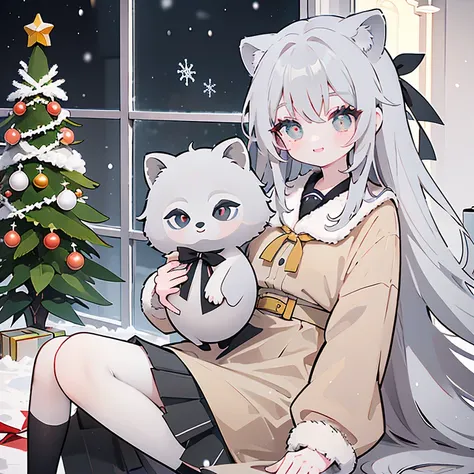 grey long hair,maplestory Late Riser Hair,gray raccoon ears,In front of the Christmas tree on a snowy day,closed gray coat,Beige school uniform skirt,green big eyes smiling girl,